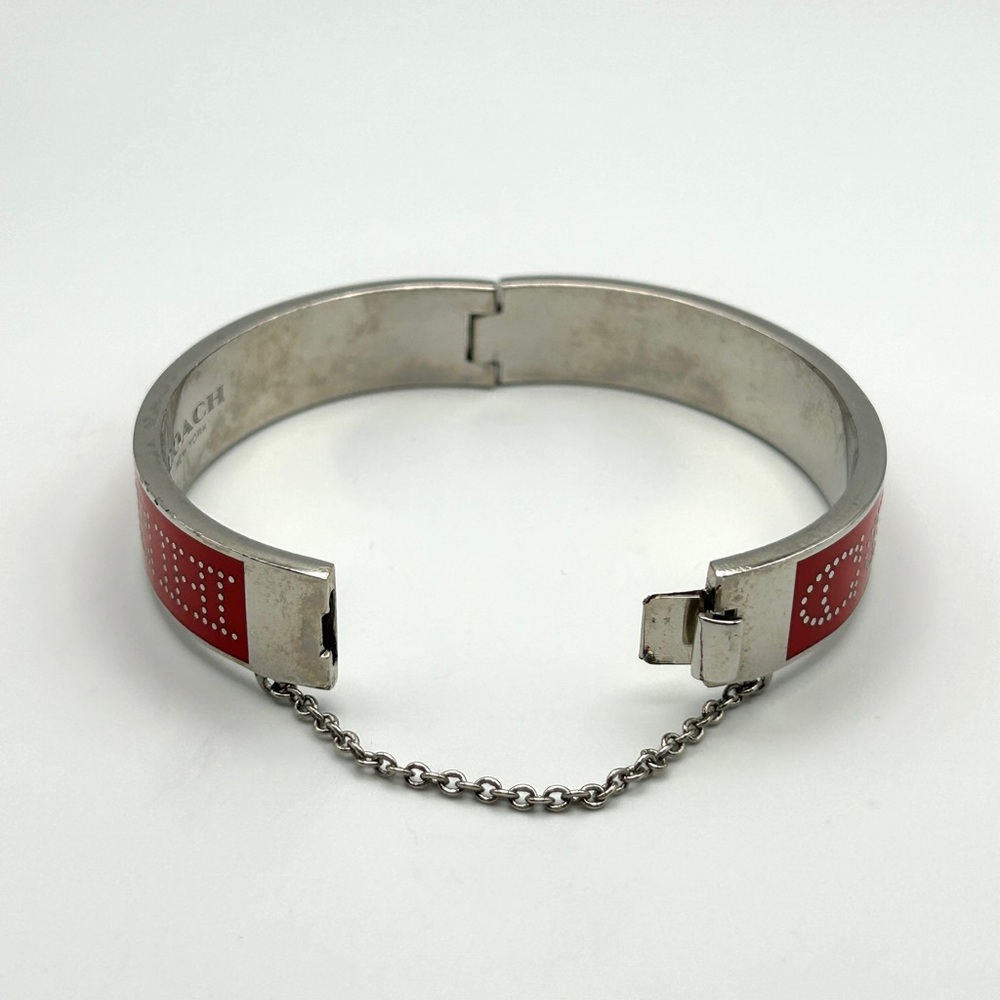 Vintage Coach Red Enamel Logo Bangle Bracelet – Hinged with Safety Chain 7” - Picture 4 of 13